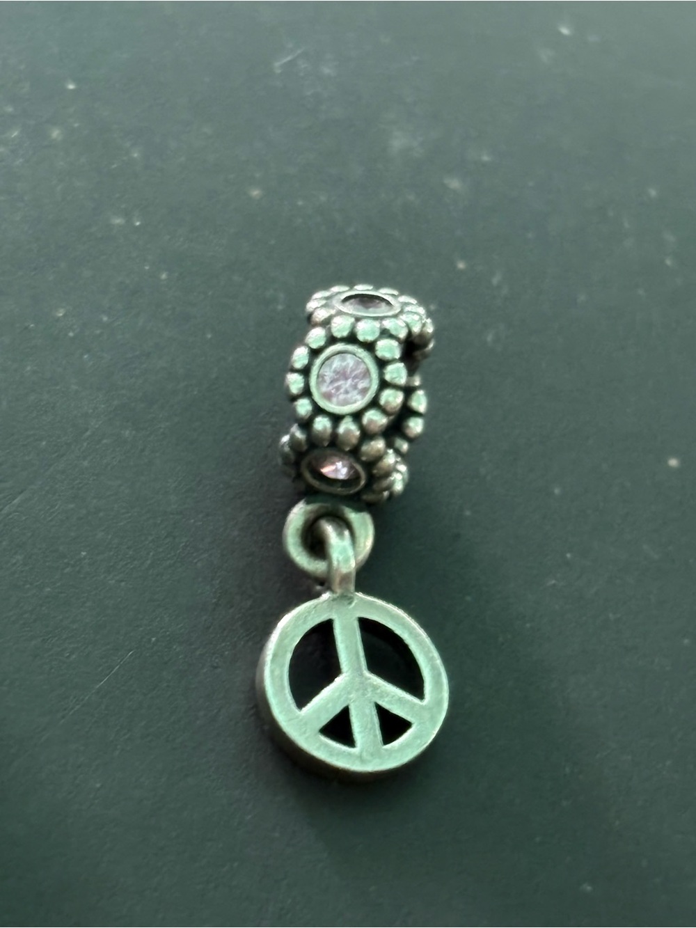Pandora Silver Peace Sign Dangle Charm with Pink Crystal
